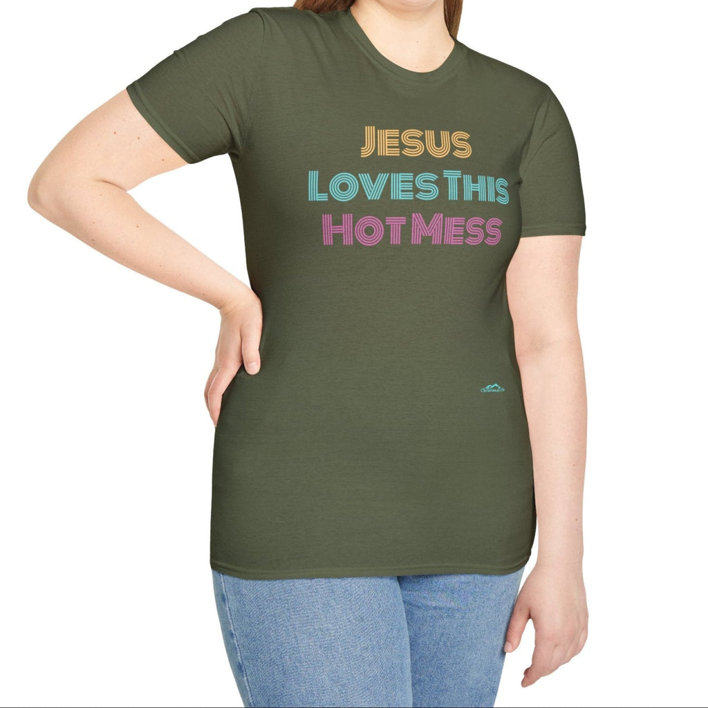 Unisex "Jesus Loves this Hot Mess" Christian Cotton Softstyle T-Shirt