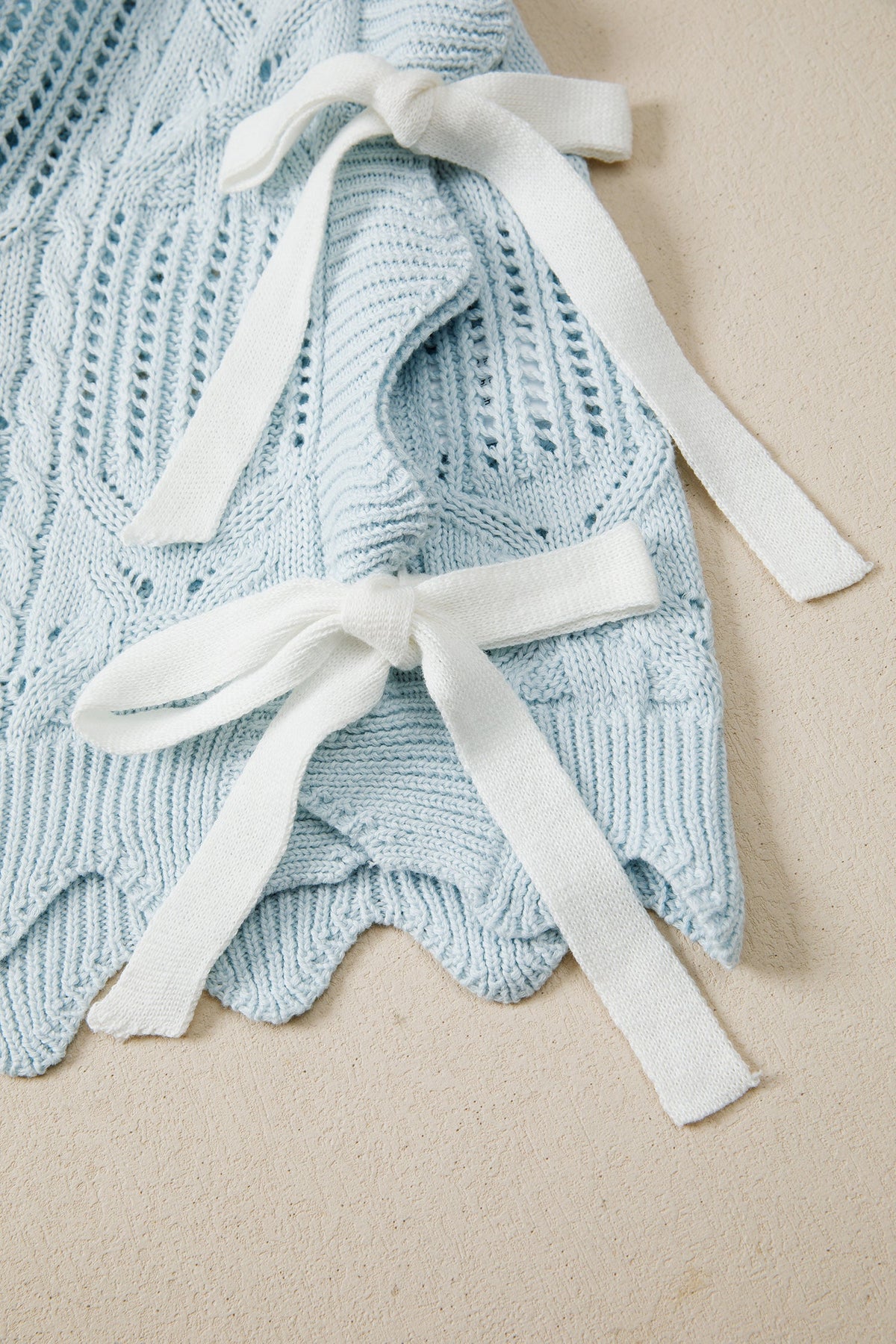 Mint Green Pointelle Knit Patterned Scalloped Trim Short Sleeve Sweater