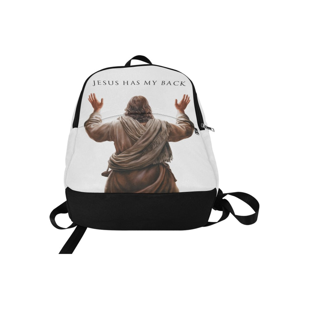 "Jesus Has My Back" Graphic design Christian Backpack (white)