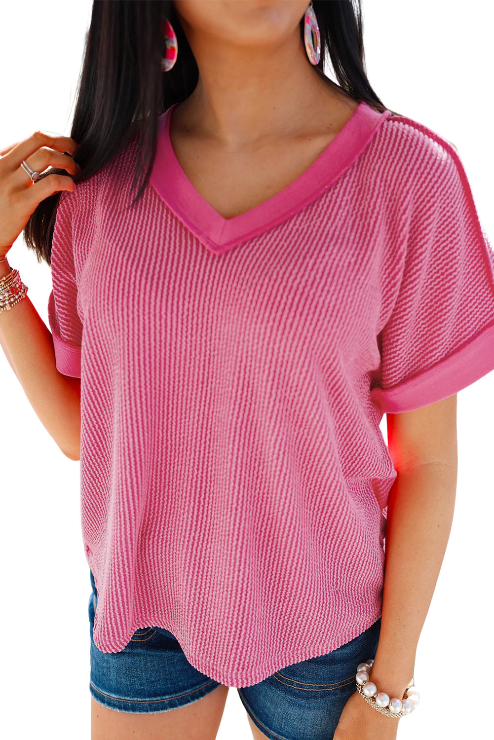 Rose Red Twisted Ribbed Knit Patchwork V Neck Casual Tee