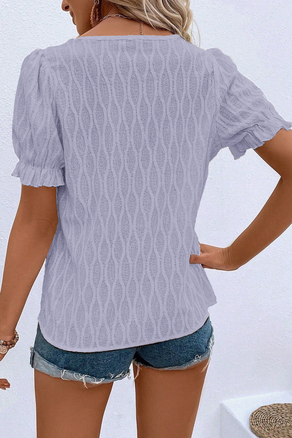 Beau Blue Solid Color Textured Notched Neck Puff Sleeve Blouse