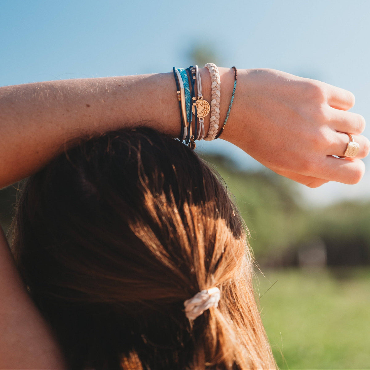 "Protect" Beachy Blues and Sands with Whale Charm Hair Tie Bracelets