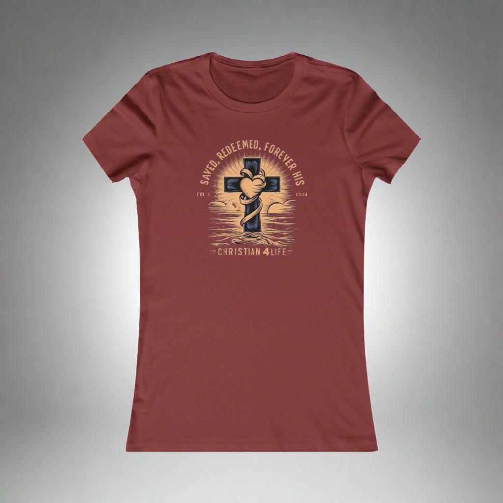 Women's "Saved, Redeemed, Forever His" inspirational Christian t-shirt