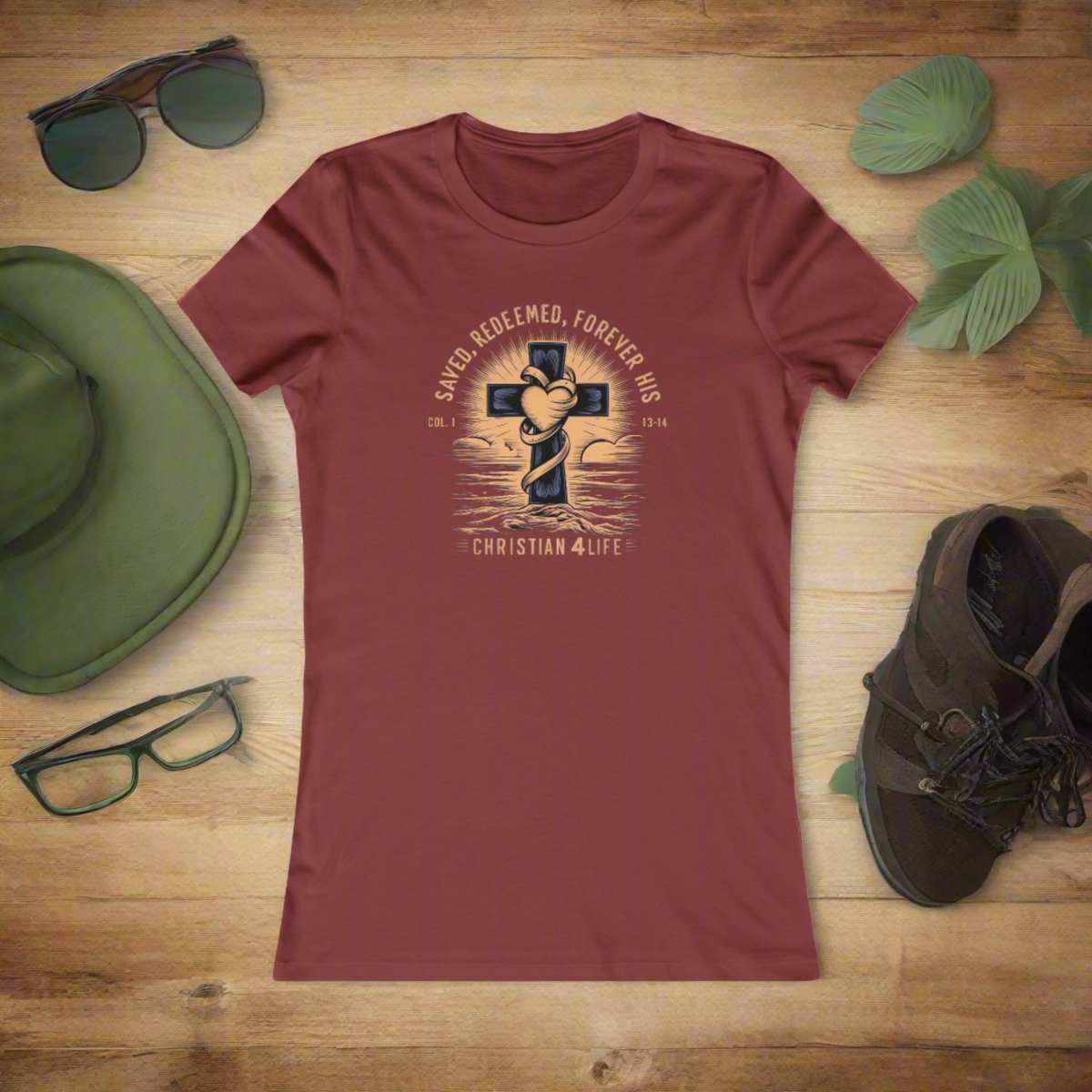 Women's "Saved, Redeemed, Forever His" inspirational Christian t-shirt