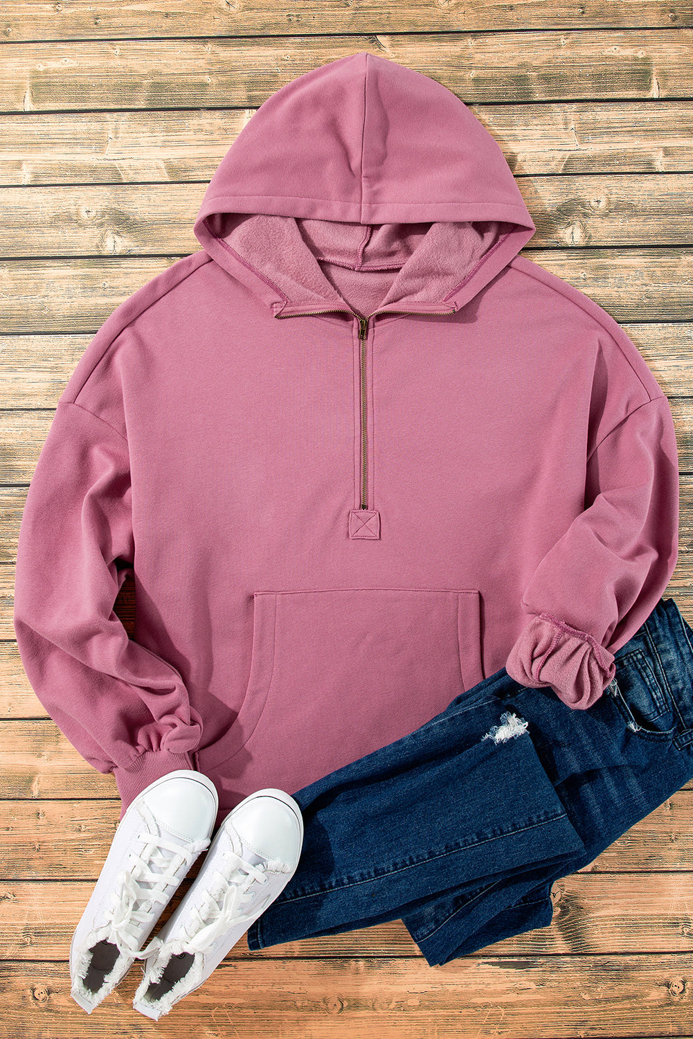 Orange Half Zipper Kangaroo Pockets Drop Shoulder Hoodie