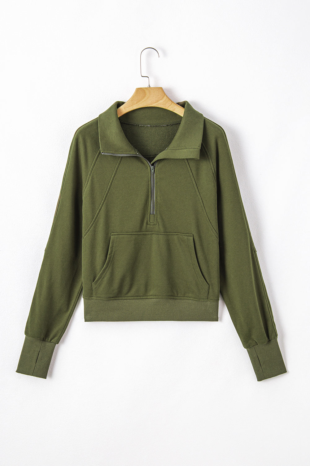 Smoke Green Quarter Zip Stand Neck Kangaroo Pocket Sweatshirt