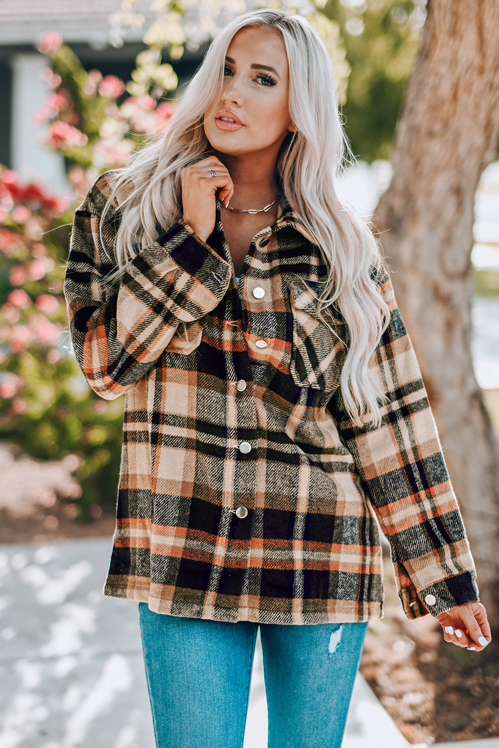 Green Geometric Plaid Print Pocketed Shacket