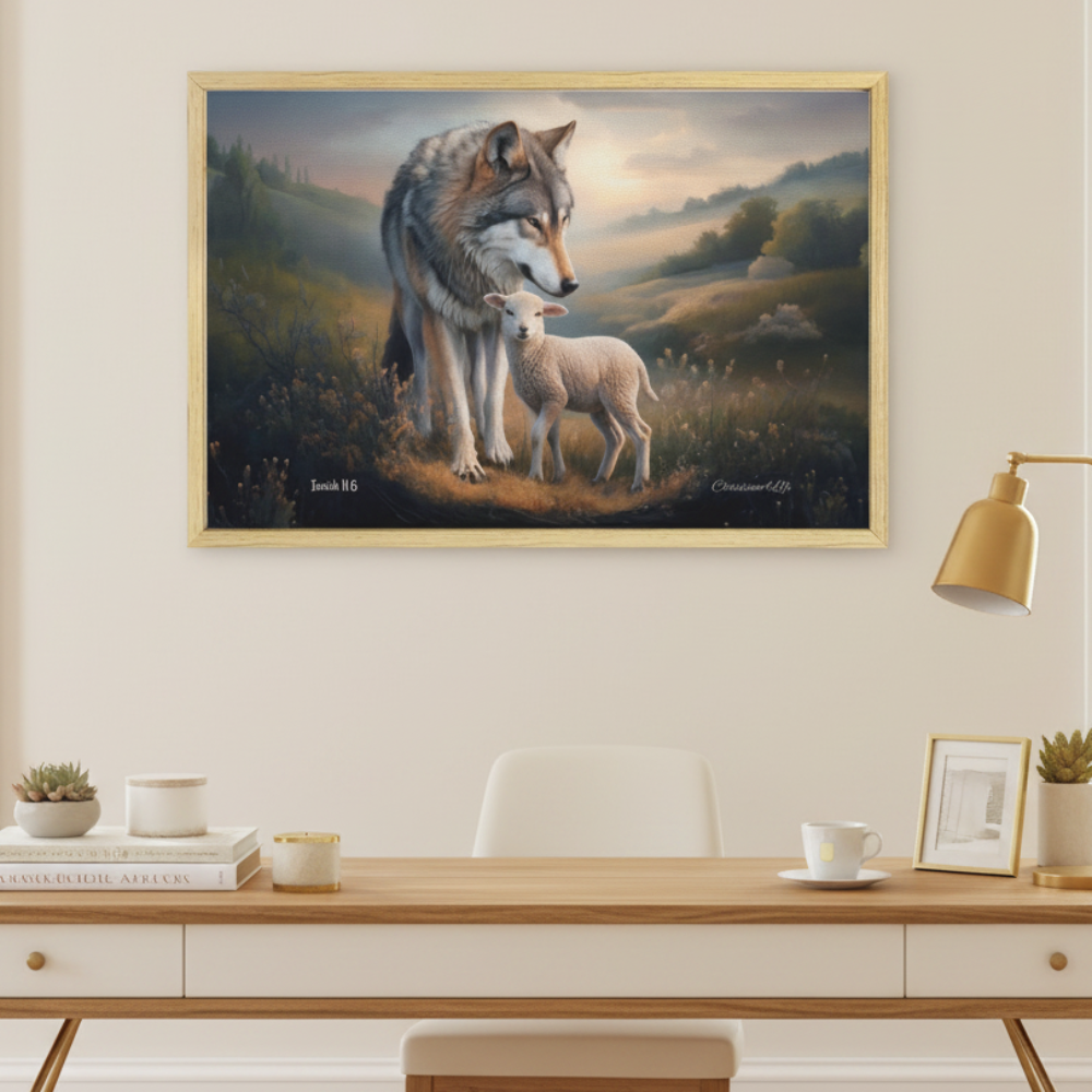 Framed - Wolf and Lamb Christian Canvas, Wooden Frame