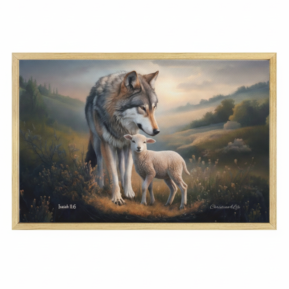 Framed - Wolf and Lamb Christian Canvas, Wooden Frame