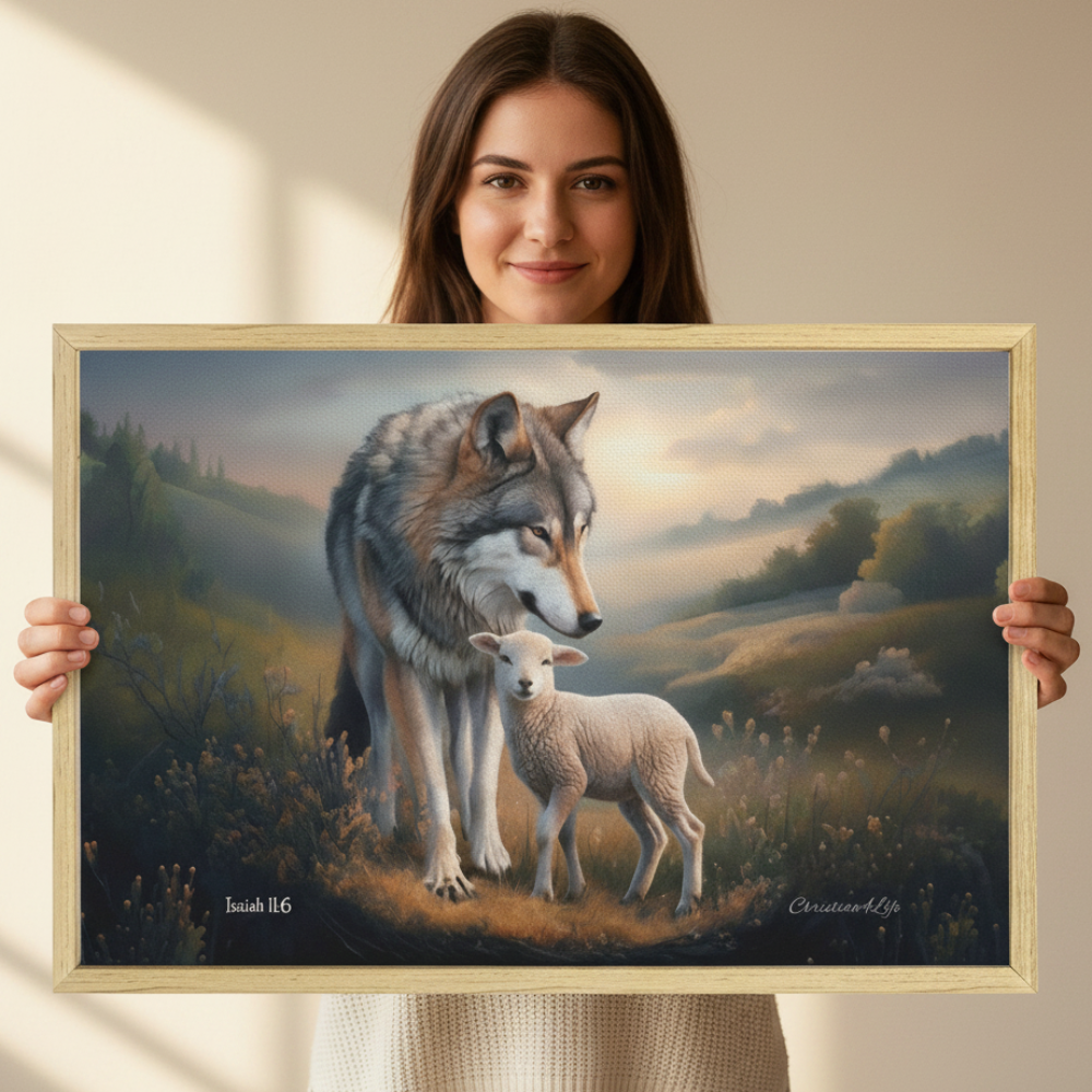 Framed - Wolf and Lamb Christian Canvas, Wooden Frame
