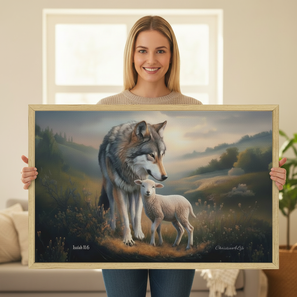 Framed - Wolf and Lamb Christian Canvas, Wooden Frame