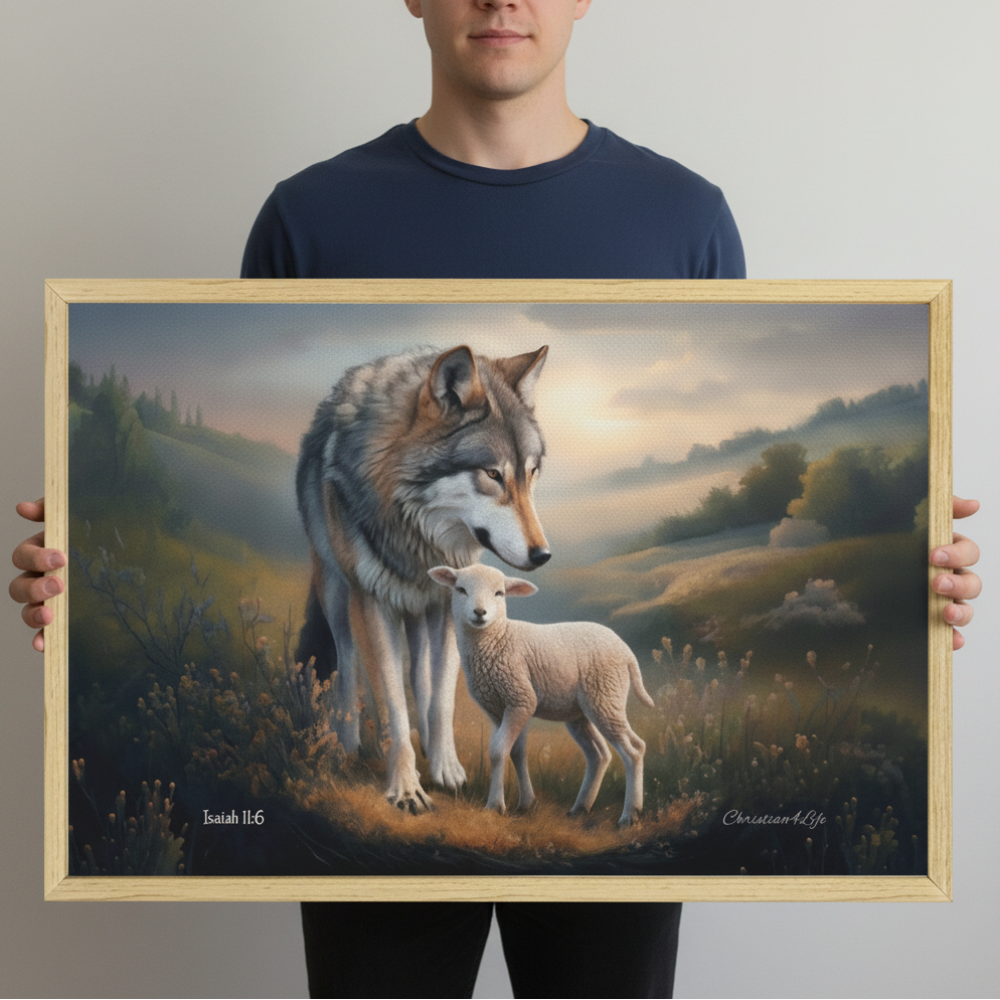 Framed - Wolf and Lamb Christian Canvas, Wooden Frame