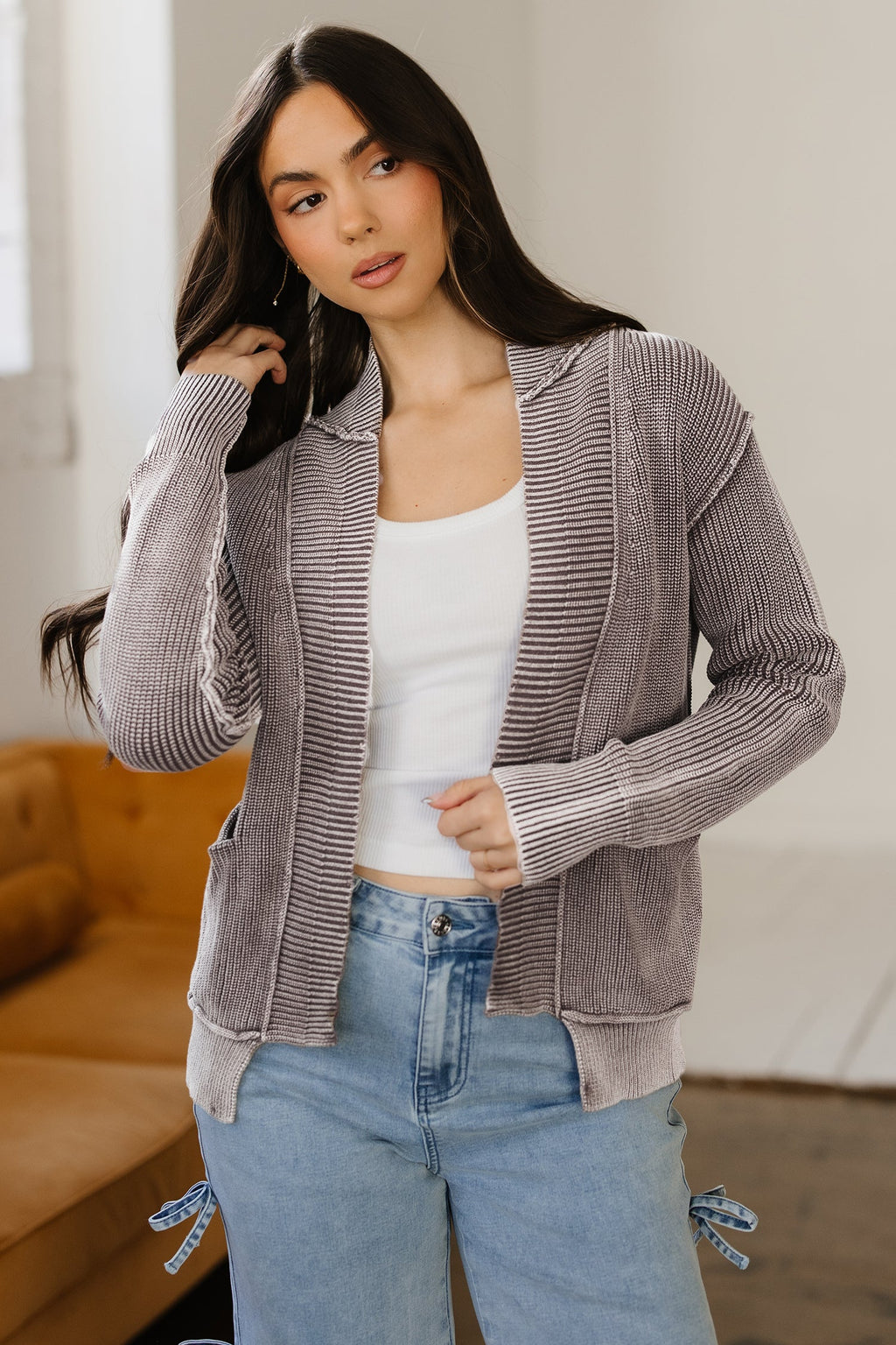 Chestnut Mineral Wash Exposed Seam Patchwork Knit Open Sweater Cardigan