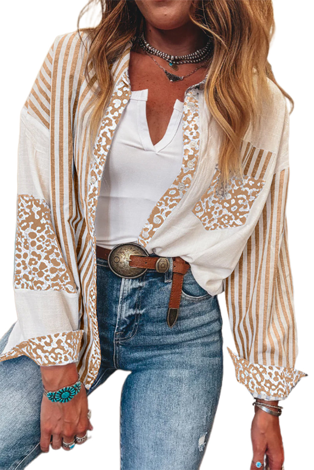 Pink Leopard Striped Patchwork Button-up Shirt