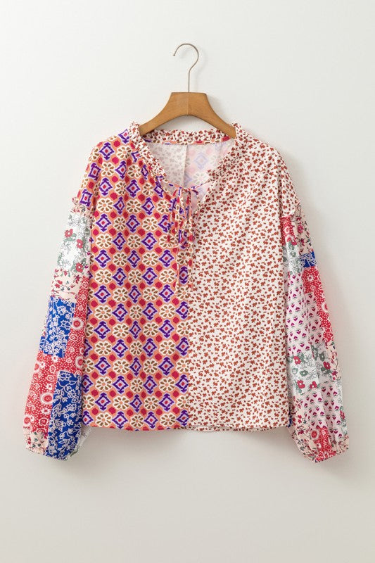 Floral Printed Long Sleeve Tied V Neck Blouse