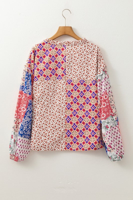 Floral Printed Long Sleeve Tied V Neck Blouse