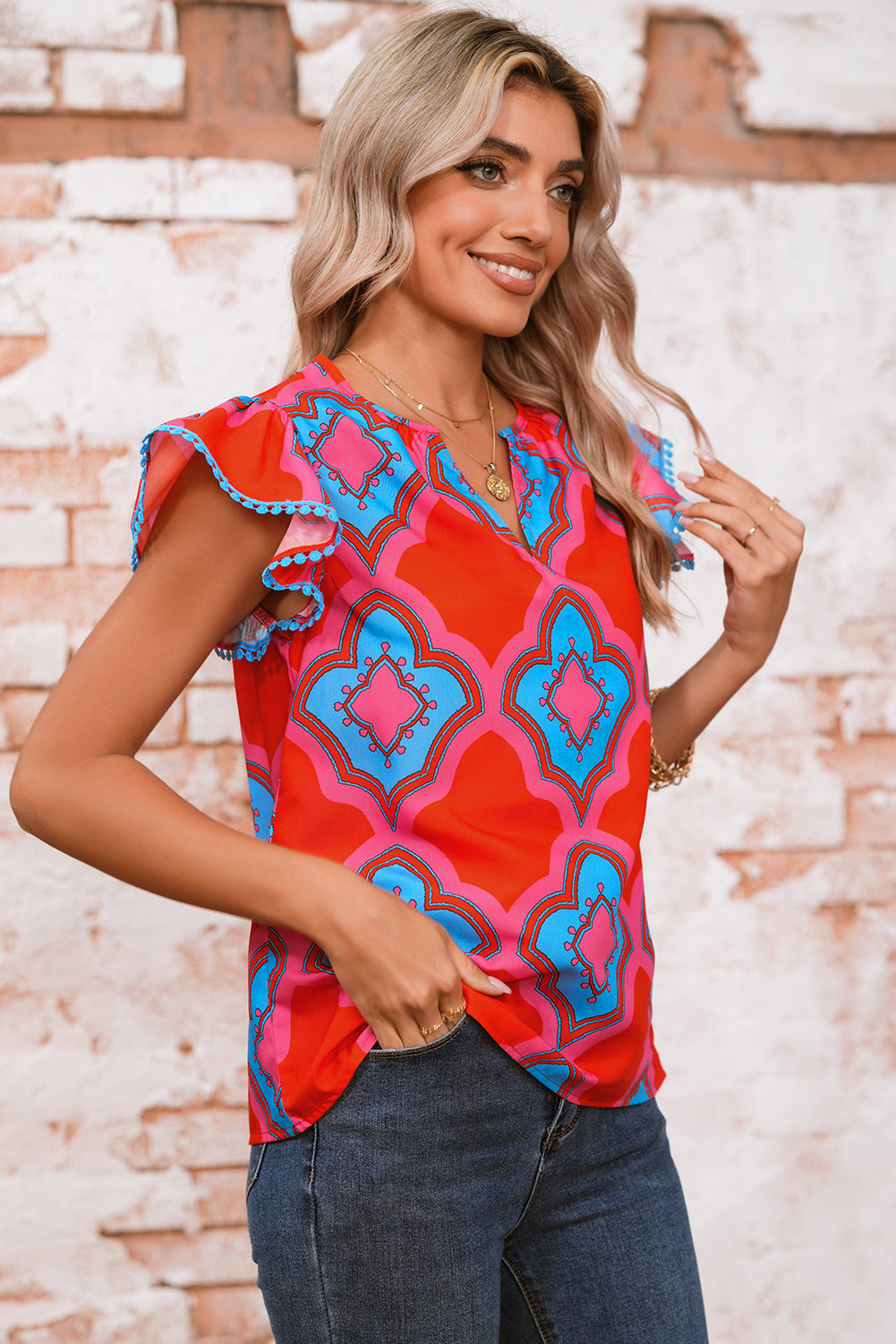 Red Random Abstract Print V Neck Ruffle Shoulder Blouse