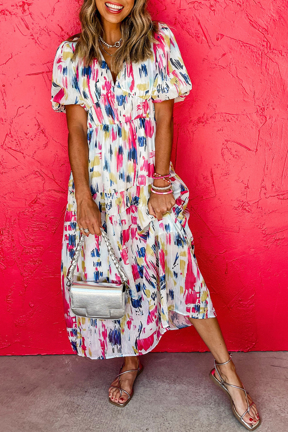 Sky Blue Abstract Print Short Puff Sleeve Tiered Maxi Dress