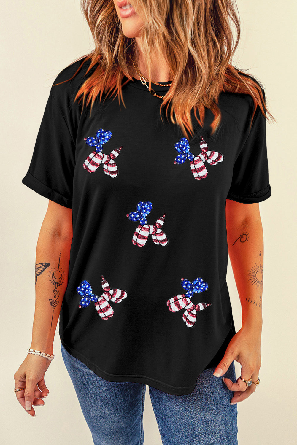 Black Patriotic Sequin Balloon Puppy Graphic Crewneck Tee
