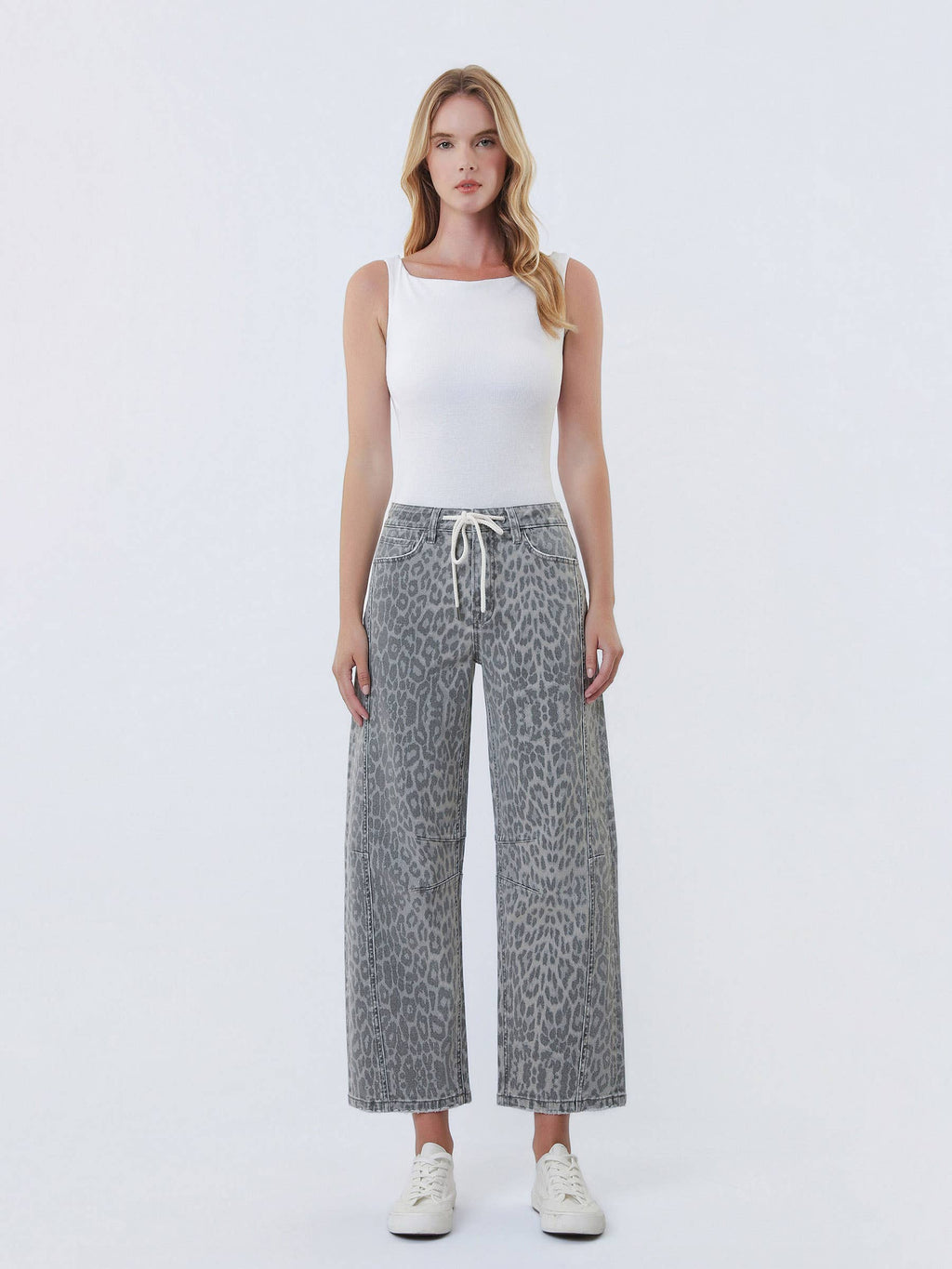 Kate Grey Leopard Barrel Drawstring Jeans