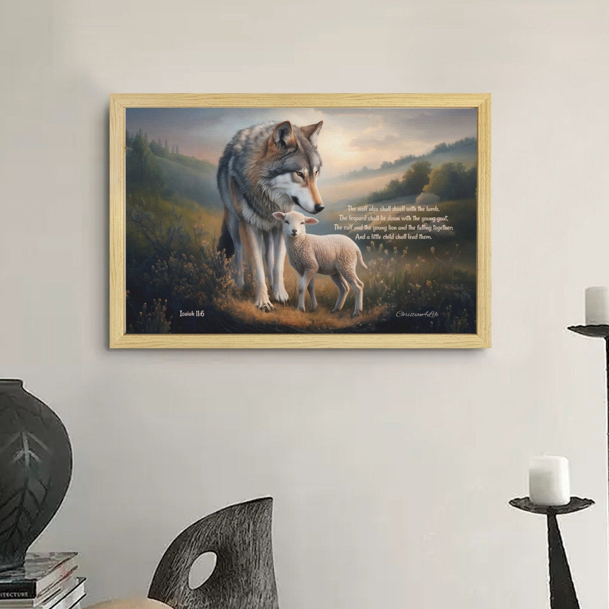 Framed - Wolf and Lamb with Isaiah 11:6 Quote, Christian Canvas, Wooden Frame