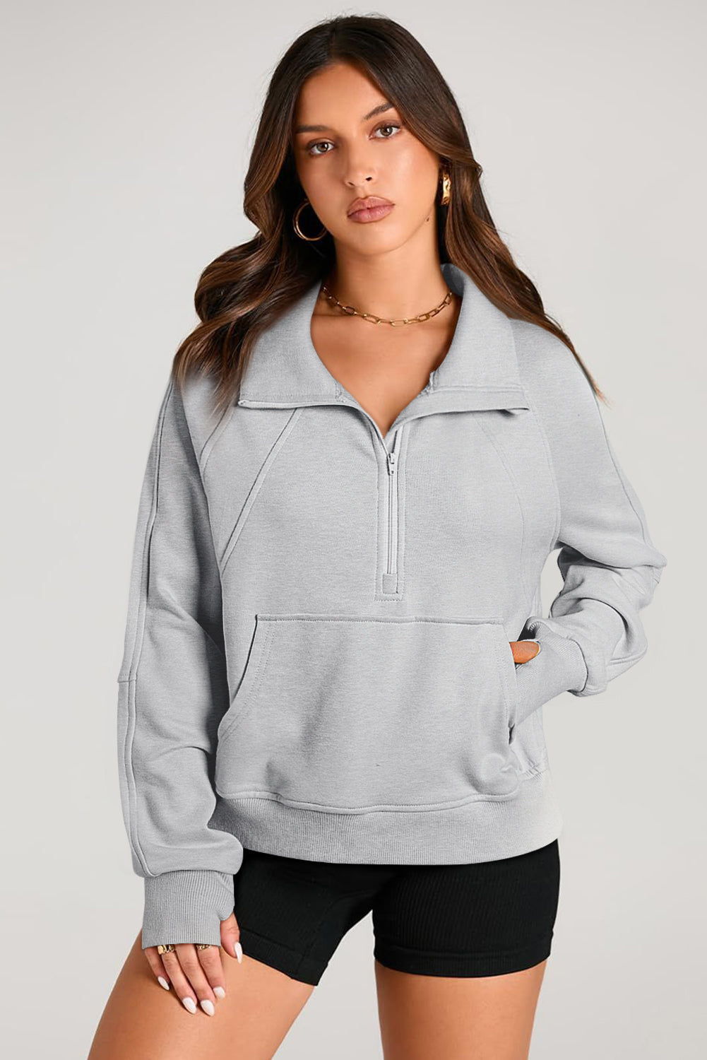 Smoke Green Quarter Zip Stand Neck Kangaroo Pocket Sweatshirt
