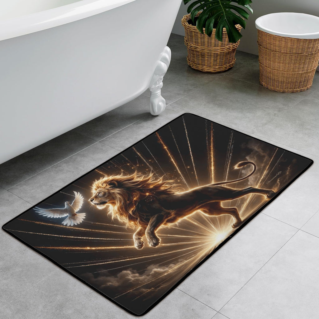 Lion of Judah and the Holy Spirit Area Rug with Golden Rays - Black Binding 31"x20"