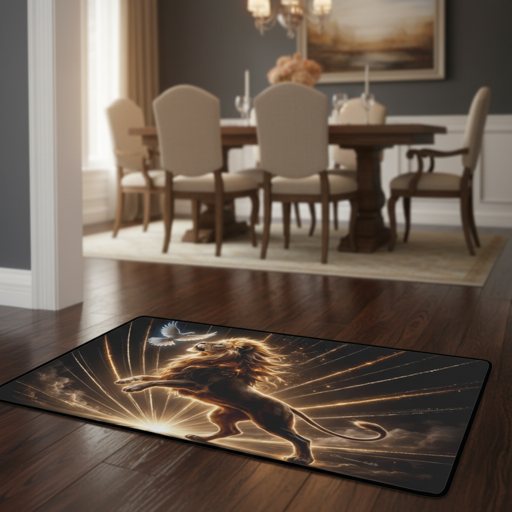 Lion of Judah and the Holy Spirit Area Rug with Golden Rays - Black Binding 31"x20"