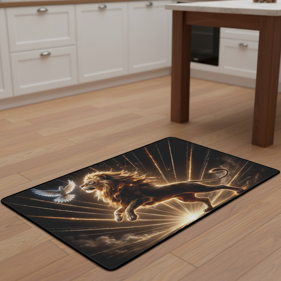 Lion of Judah and the Holy Spirit Area Rug with Golden Rays - Black Binding 31"x20"