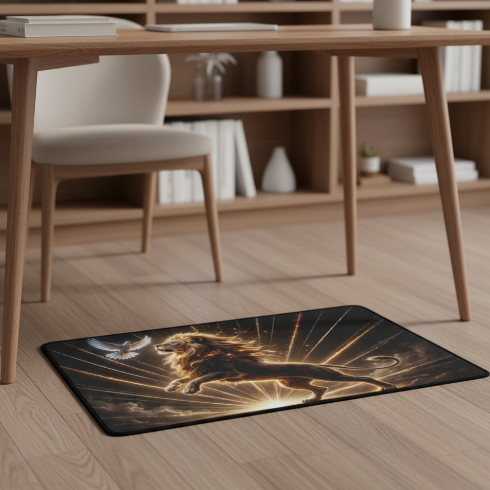 Lion of Judah and the Holy Spirit Area Rug with Golden Rays - Black Binding 31"x20"