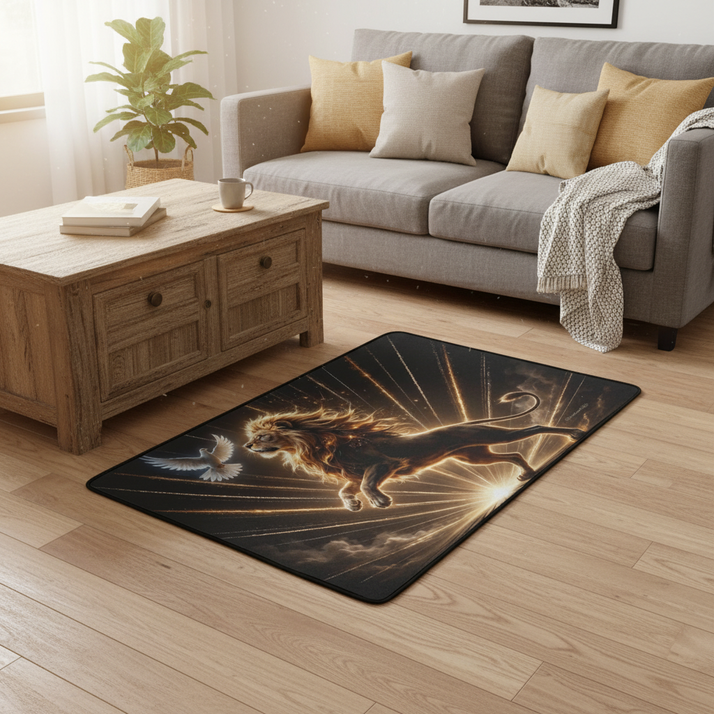 Lion of Judah and the Holy Spirit Area Rug with Golden Rays - Black Binding 31"x20"