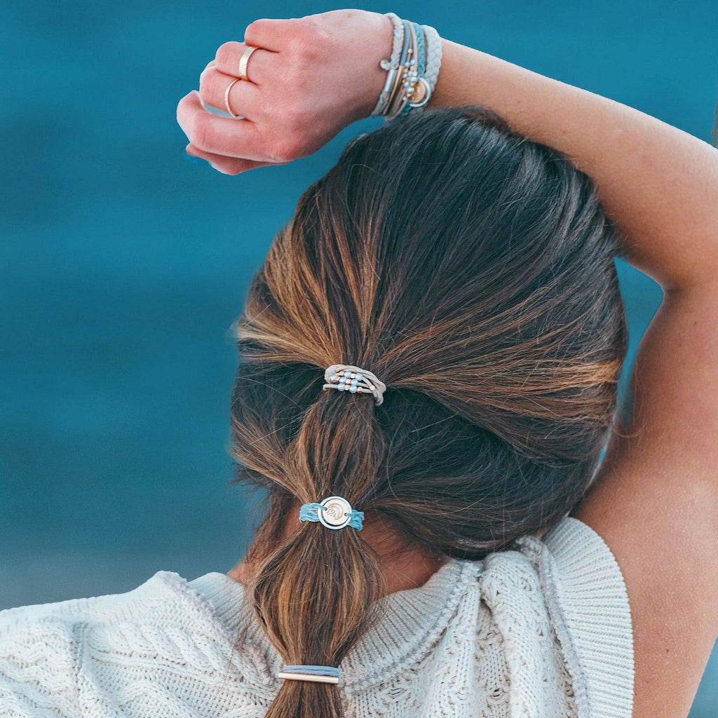 "Wonder" Soft Creams and Blues with Pearls and Gold Hair Tie Bracelets