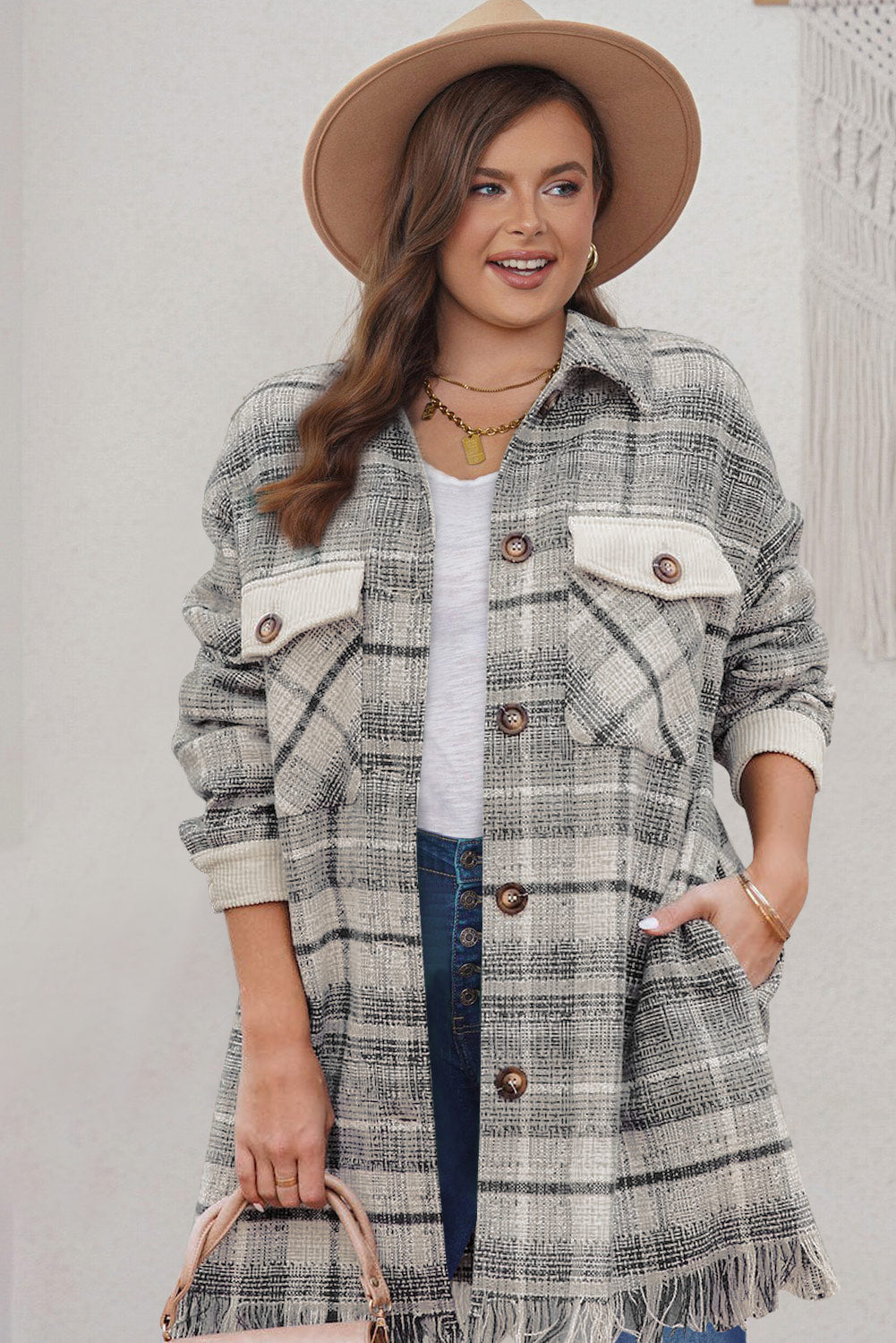Black Plus Size Macrame Plaid Coat