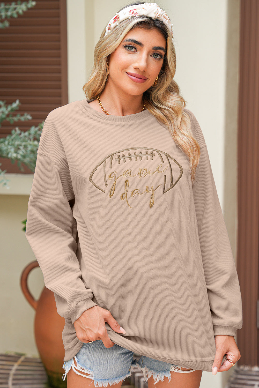 Black Football Graphic Game Day Embroidered Corded Sweatshirt