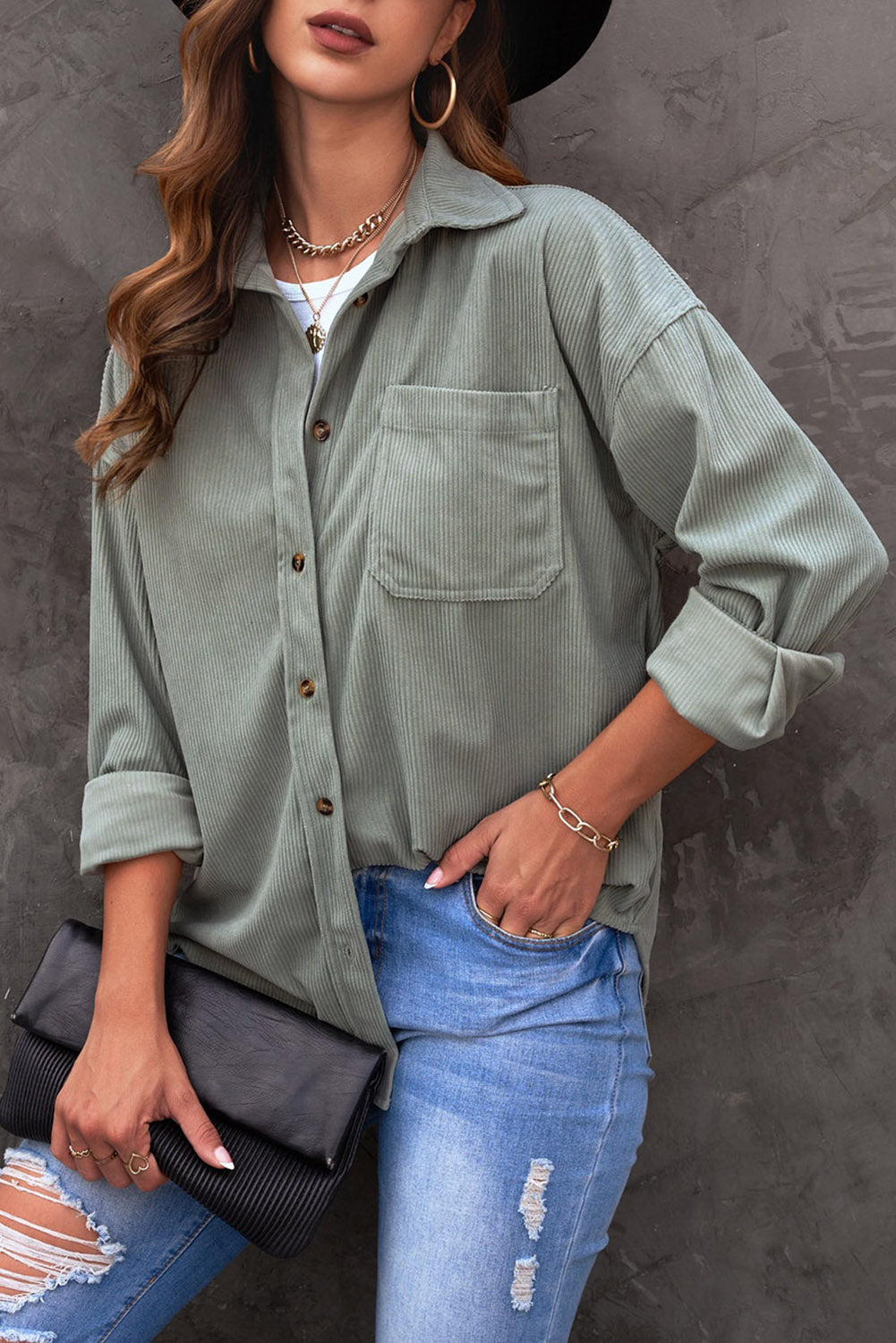 Pink Corduroy Button Pocket Shirt