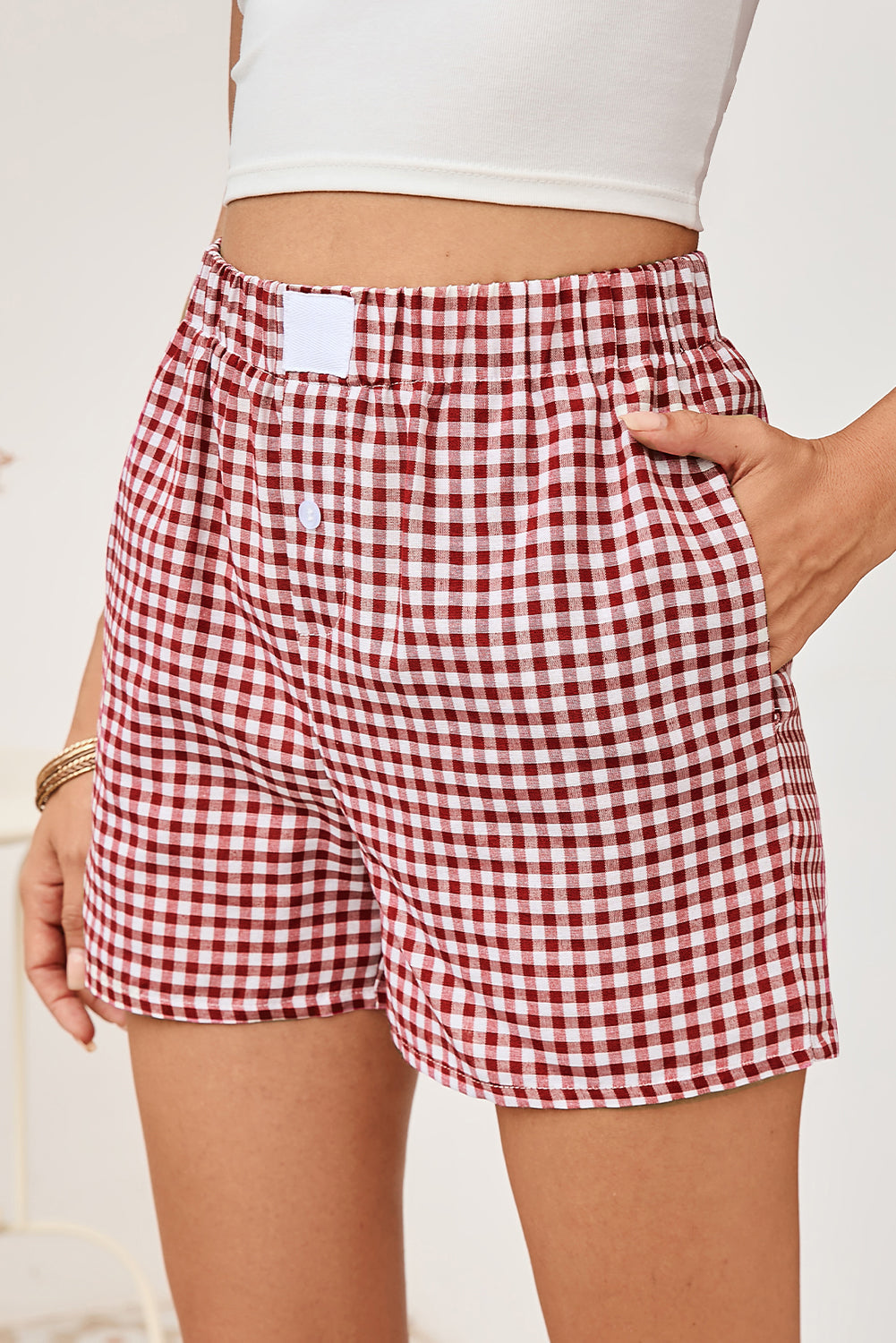 Fern Green Vintage Plaid Print High Waisted Loose Wide Leg Shorts