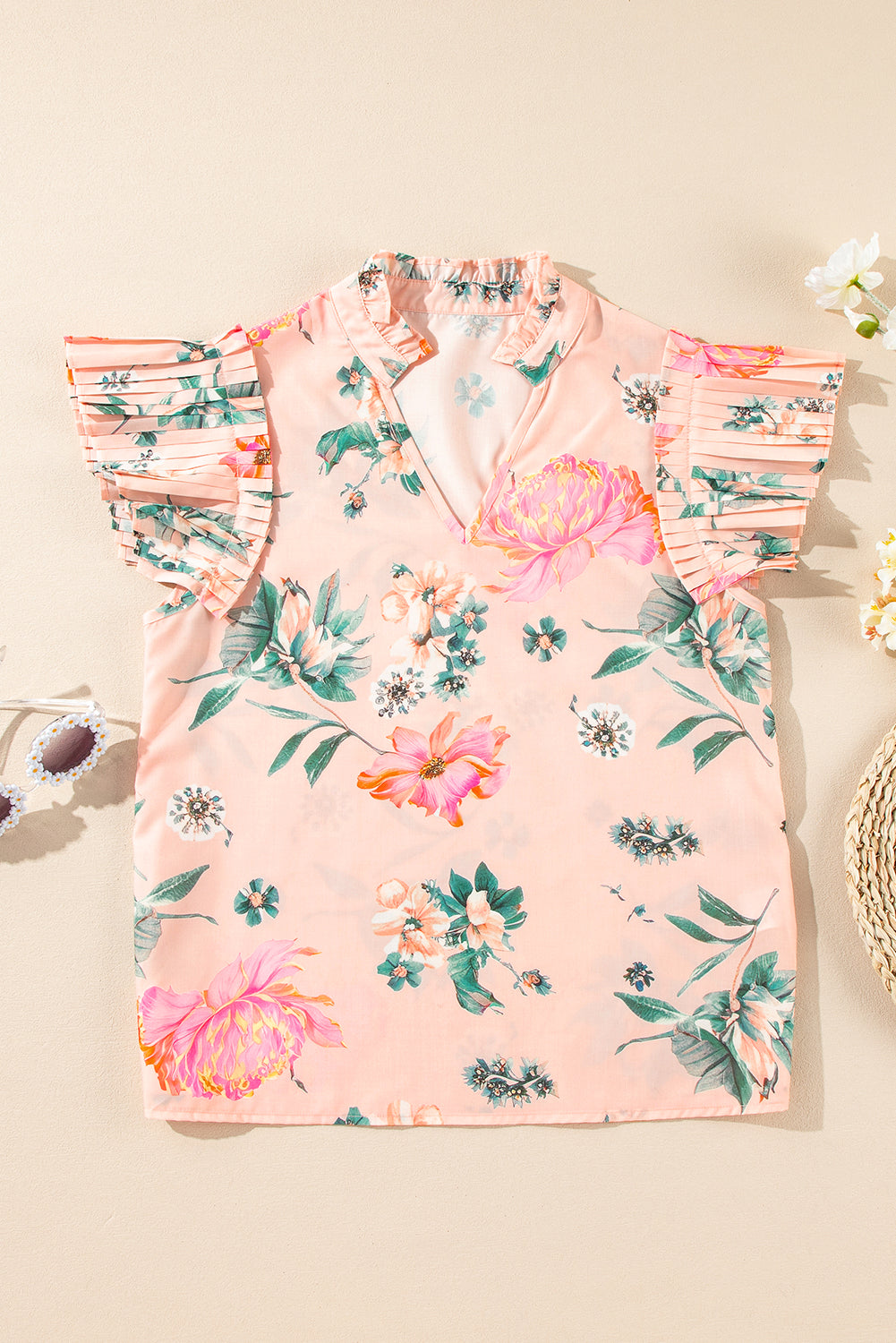 Pink Floral Print Frill V Neck Pleated Sleeve Blouse