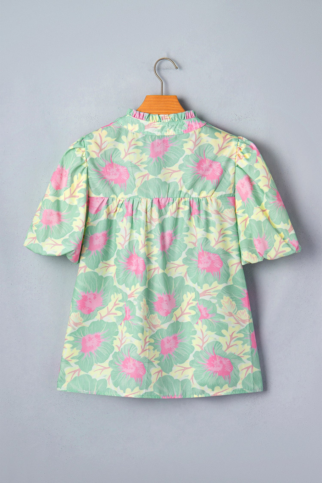 Yellow Short Bubble Sleeve Summer Floral Blouse
