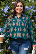 Green Plus Size Floral Print Contrast Lacy Trim Pleated Loose Shirt
