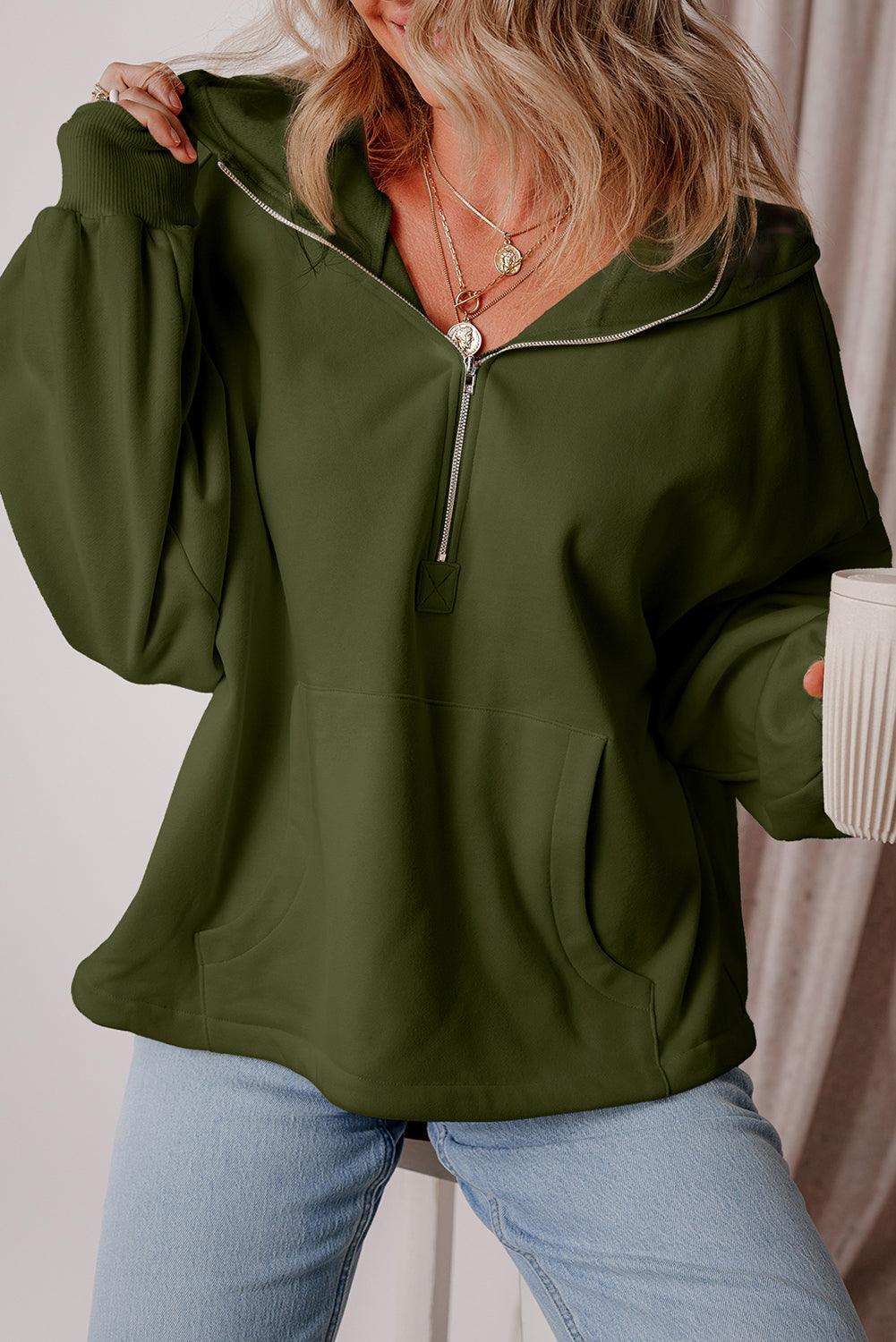 Orange Half Zipper Kangaroo Pockets Drop Shoulder Hoodie