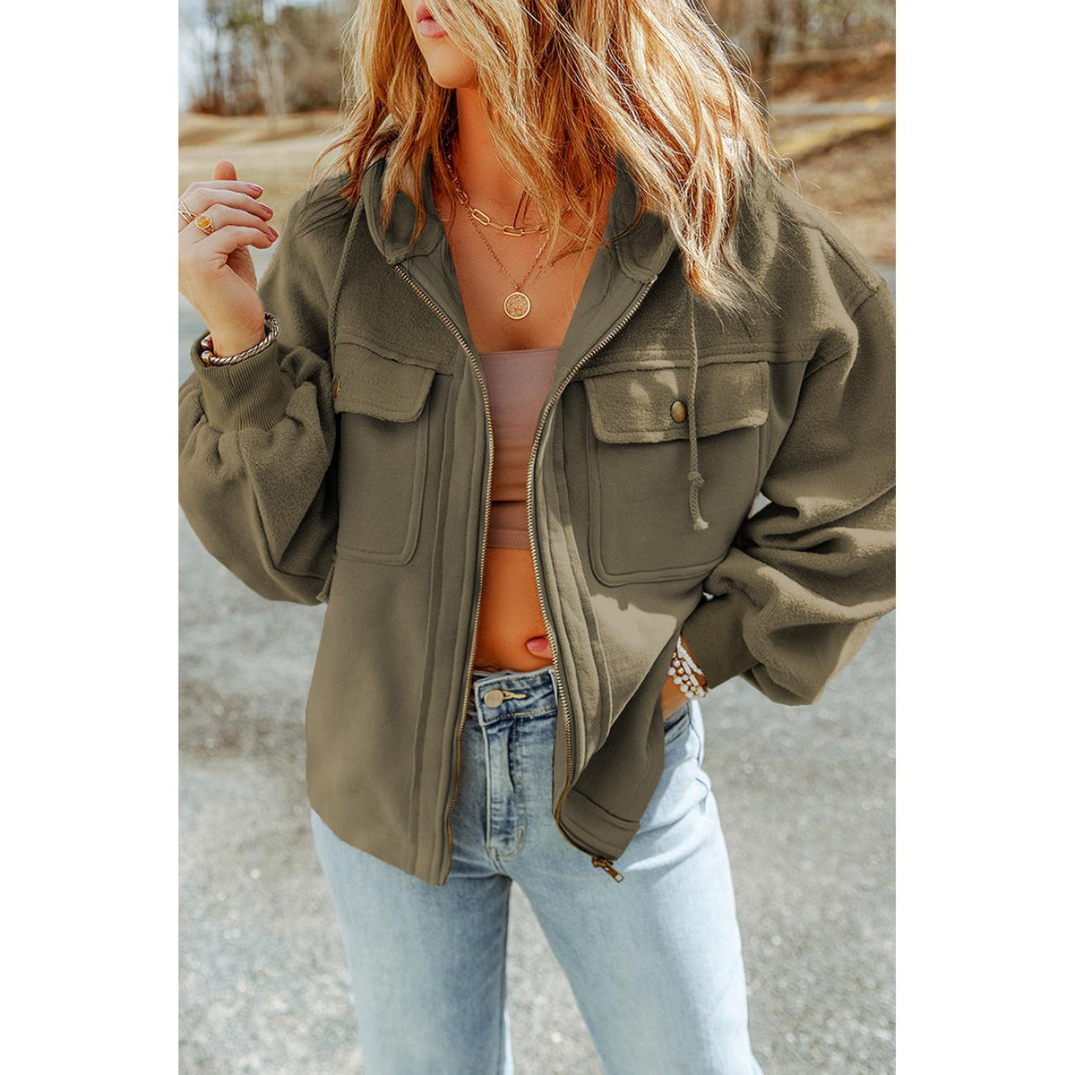 Green Flap Pockets Bishop Sleeve Zip Up Hoodie Jacket