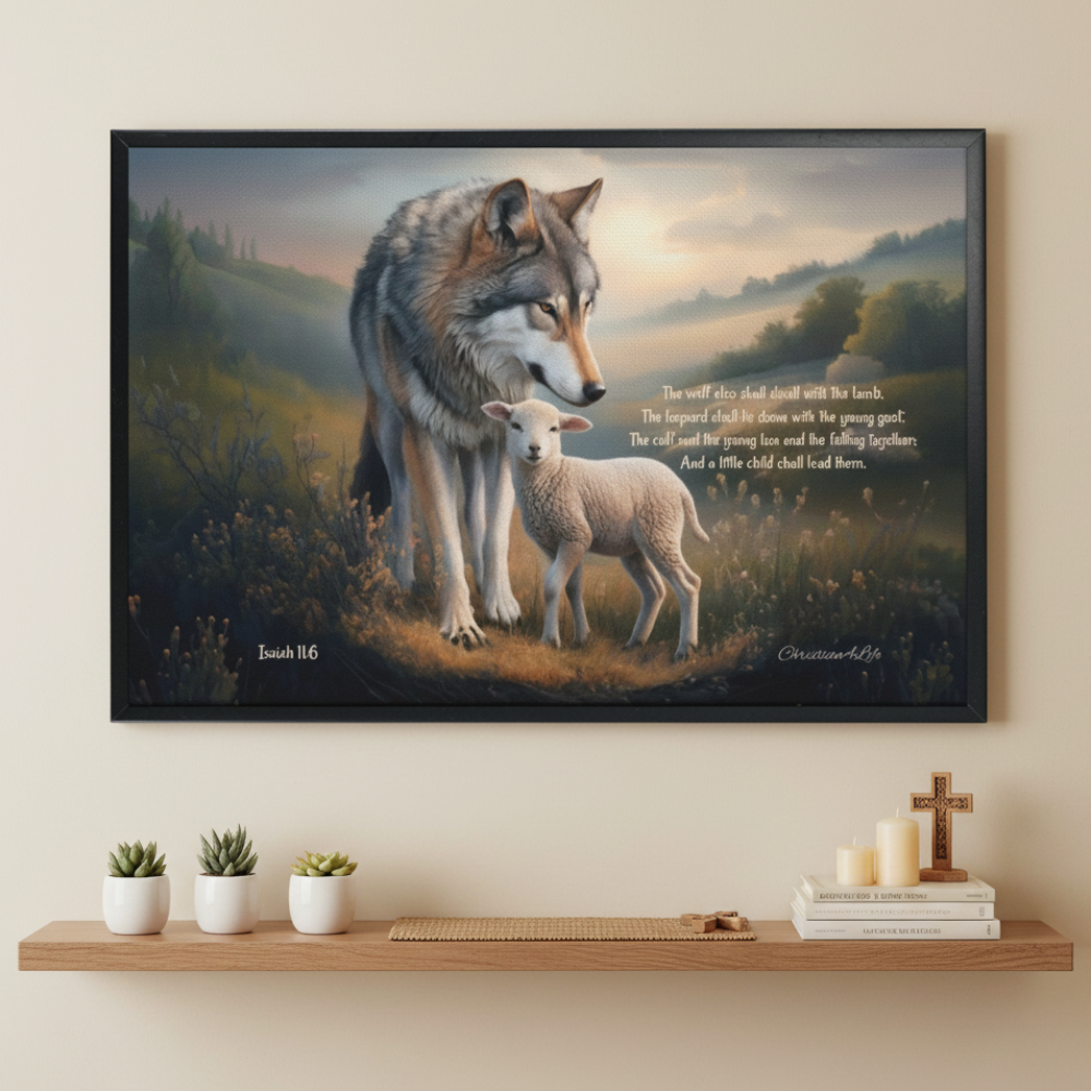 Framed - Wolf and Lamb with Isaiah 11:6 Quote, Christian Canvas, Black Frame