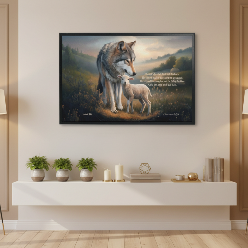 Framed - Wolf and Lamb with Isaiah 11:6 Quote, Christian Canvas, Black Frame