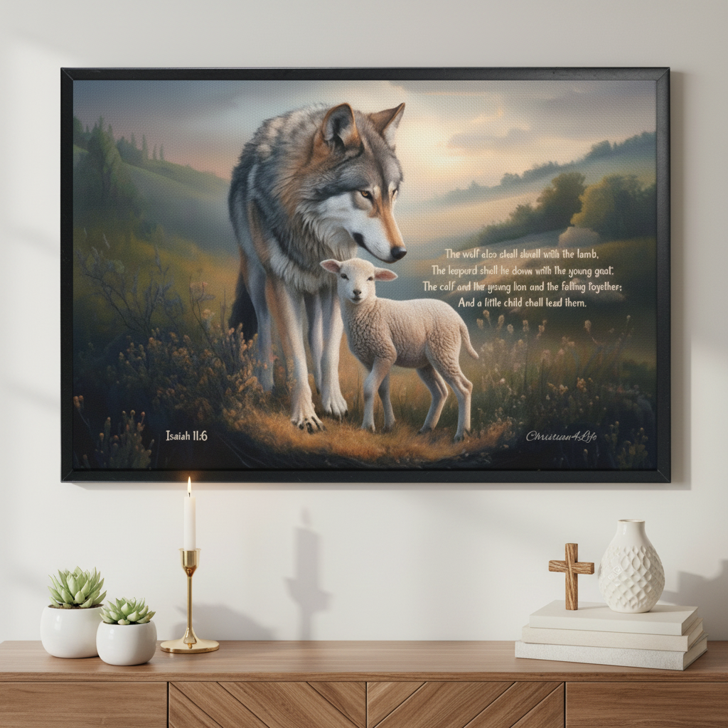 Framed - Wolf and Lamb with Isaiah 11:6 Quote, Christian Canvas, Black Frame