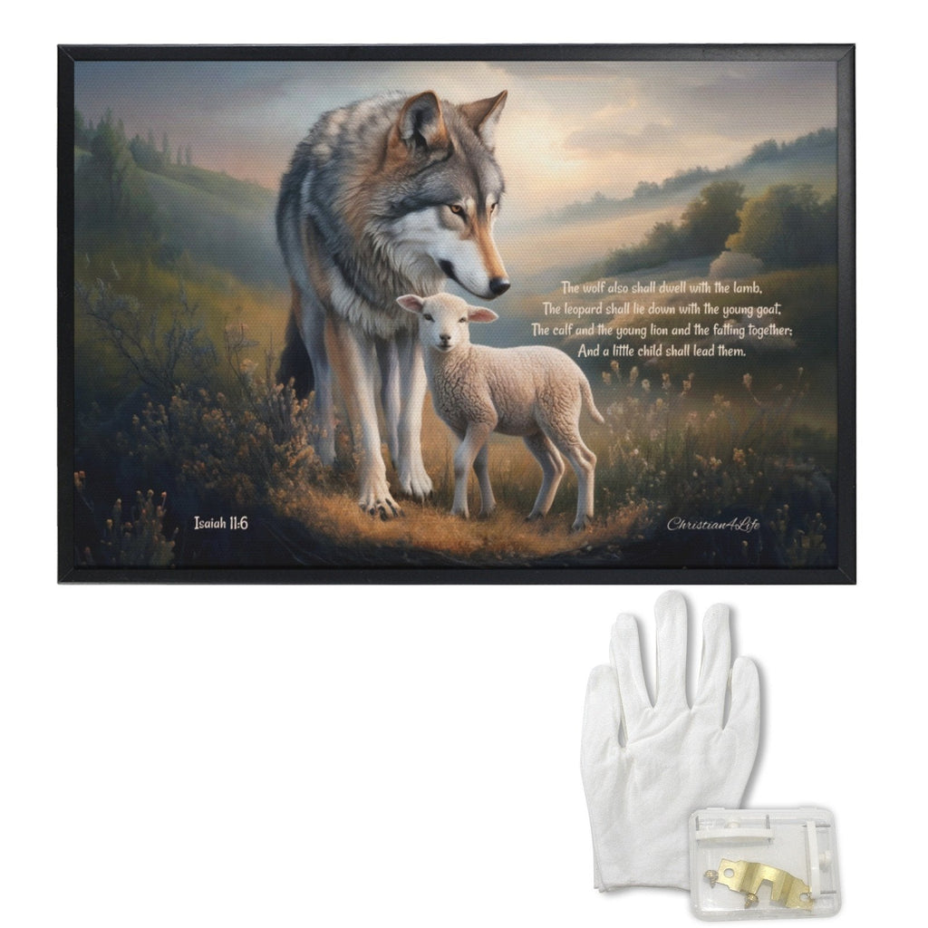Framed - Wolf and Lamb with Isaiah 11:6 Quote, Christian Canvas, Black Frame
