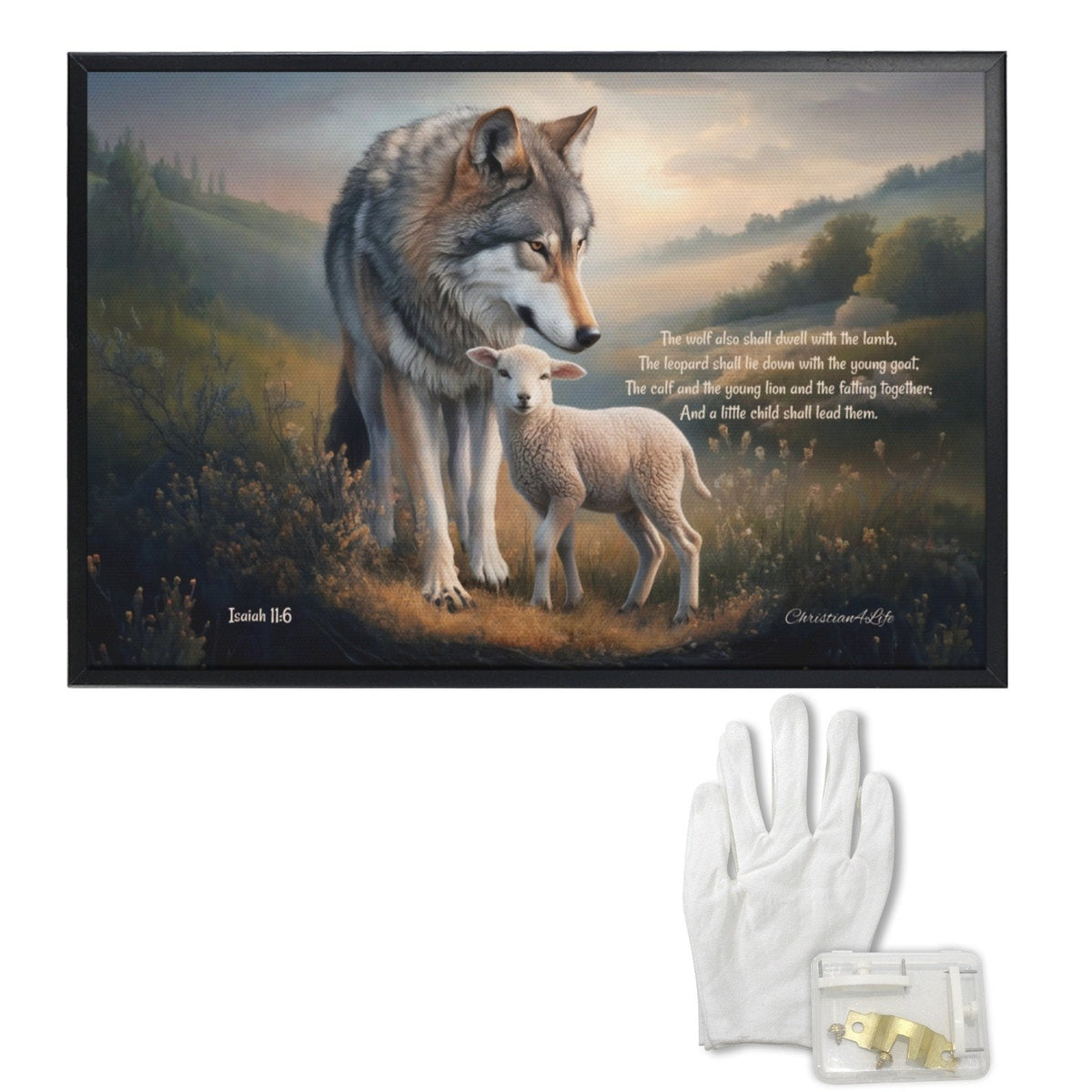 Framed - Wolf and Lamb with Isaiah 11:6 Quote, Christian Canvas, Black Frame