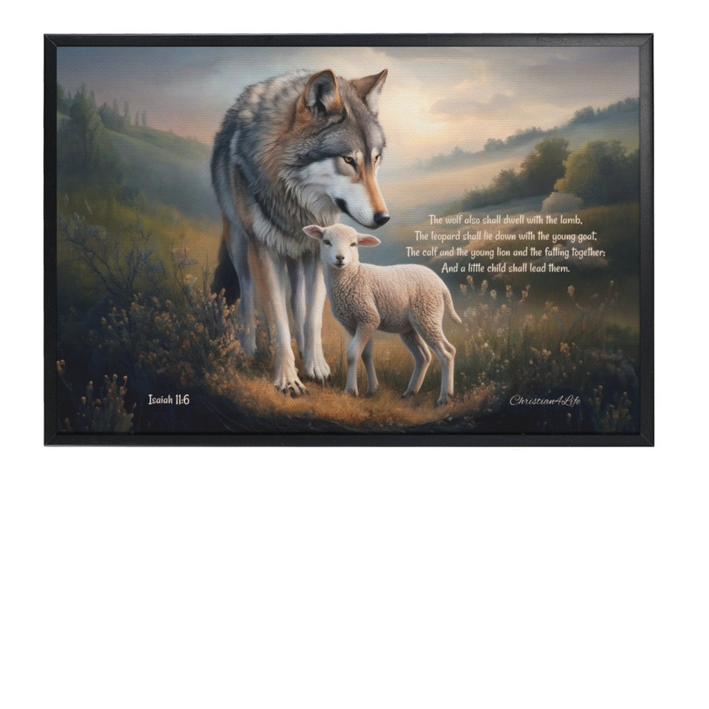 Framed - Wolf and Lamb with Isaiah 11:6 Quote, Christian Canvas, Black Frame