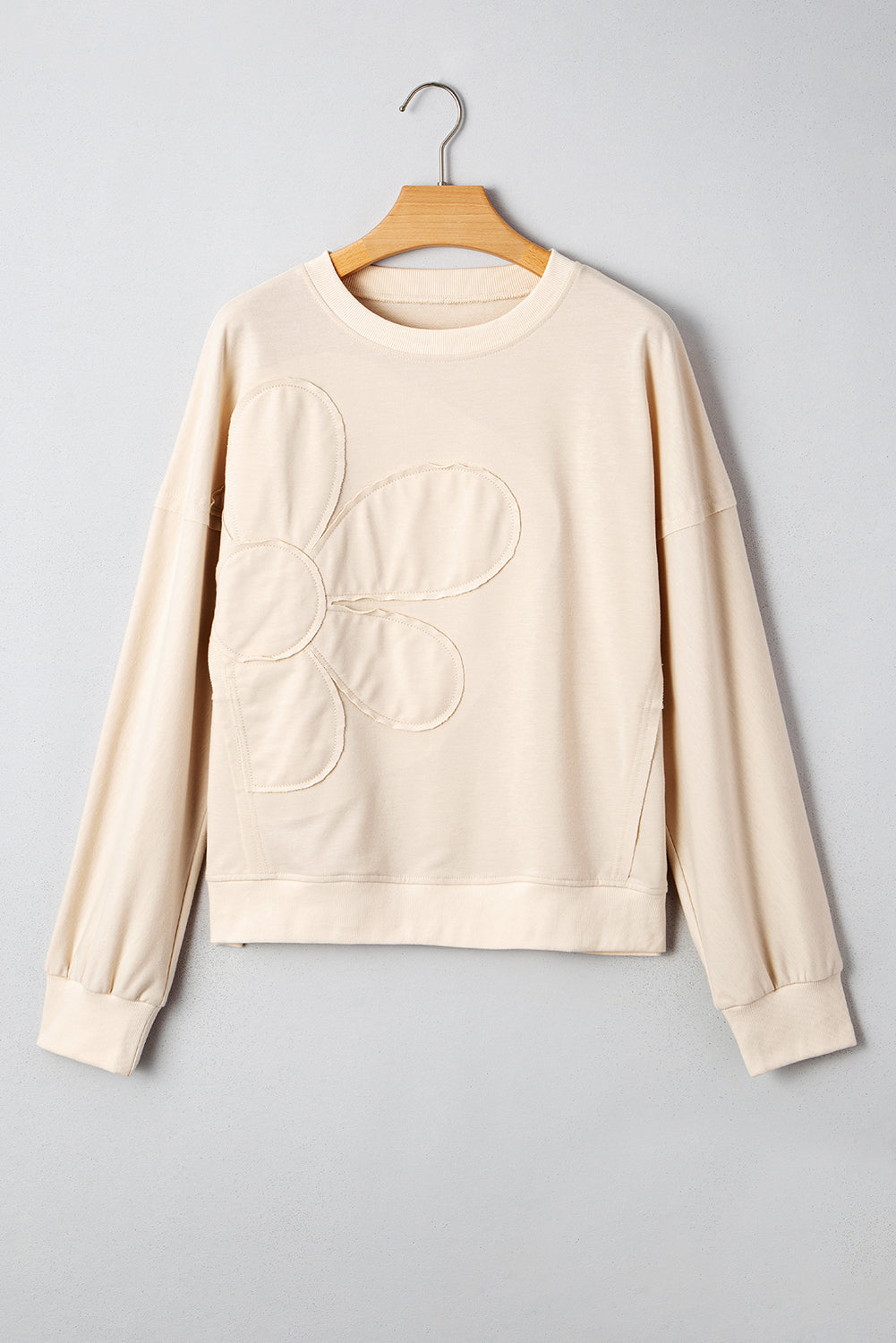 Smoke Green Raw Edge Flower Patch Drop Shoulder Casual Top