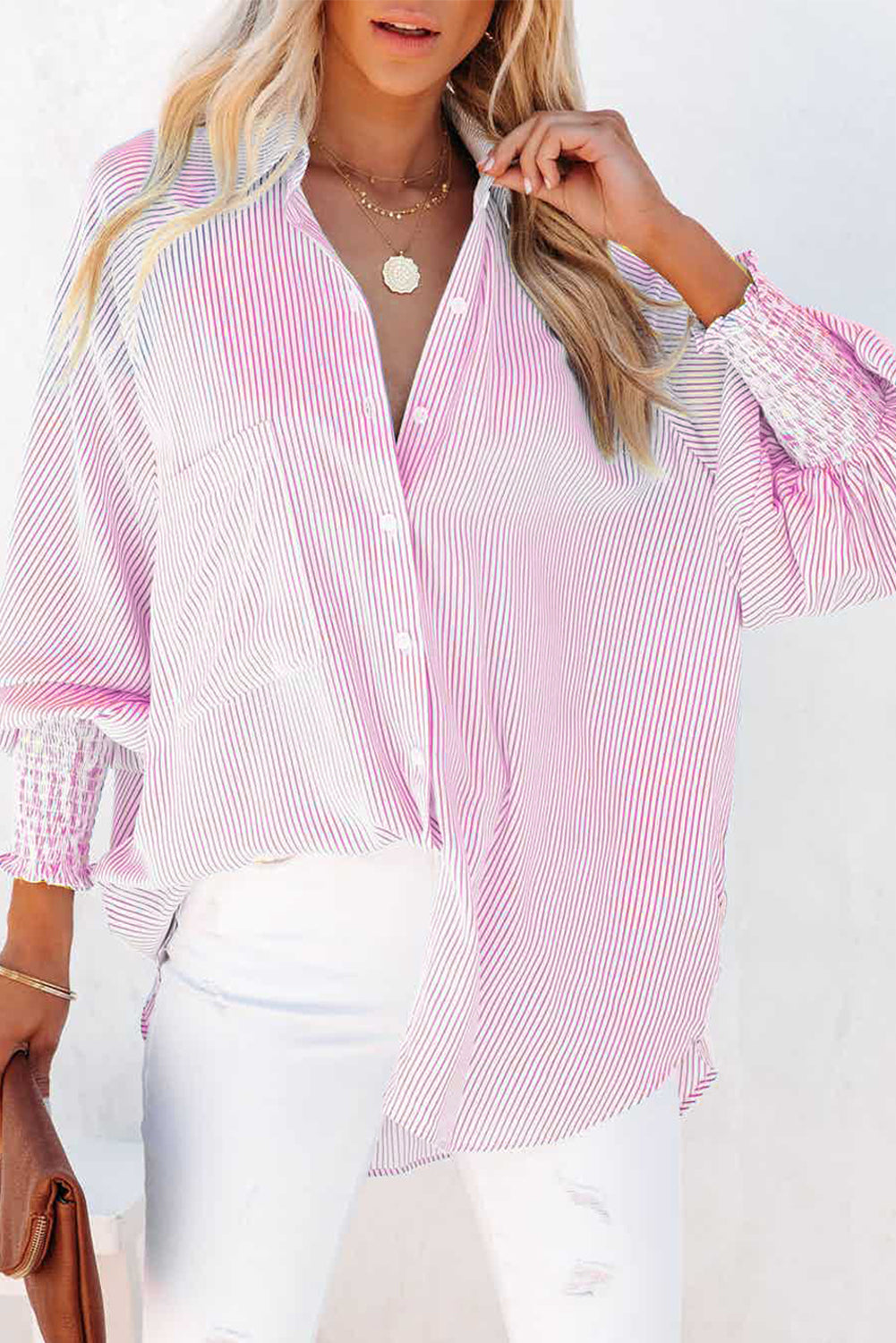 Blue Stripe Striped Casual Shirred Cuffs Shirt