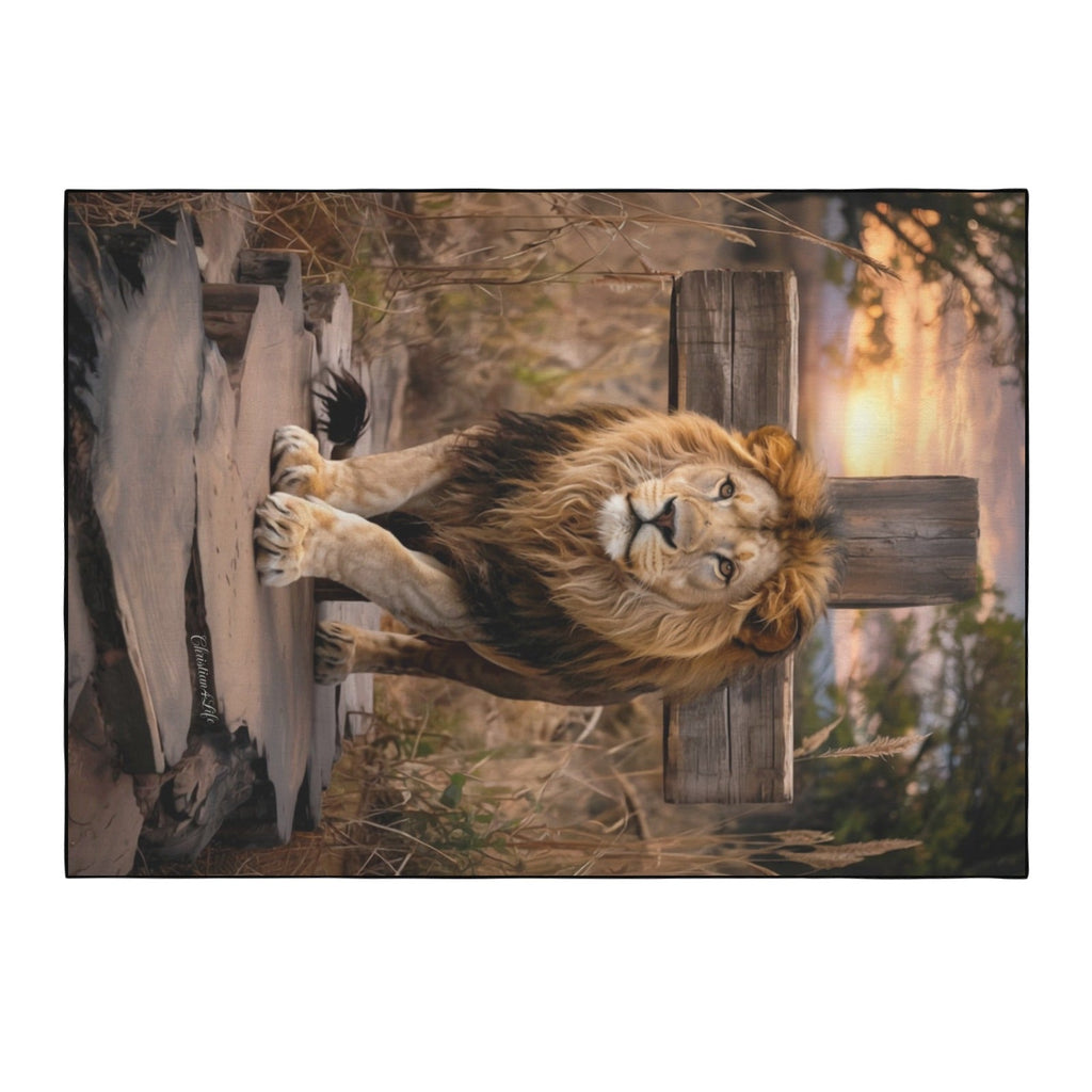 Lion of Judah, rock and cross Area Rug with Black Binding 84"x60"